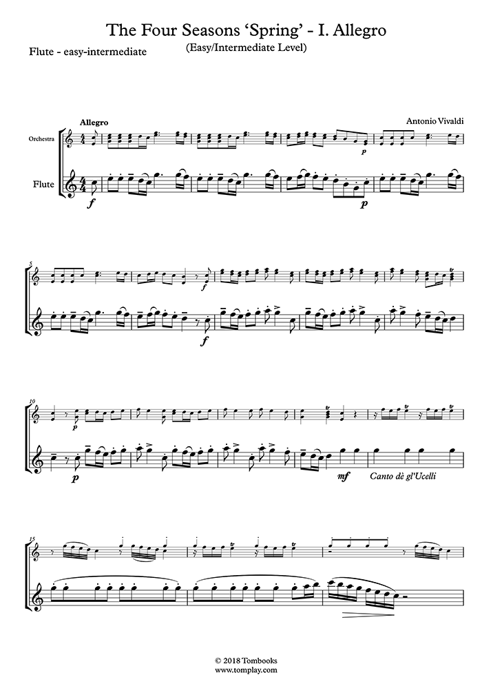 Partition Flûte Les Quatre Saisons 'Le Printemps' I. Allegro (niveau facile/intermédaire Partition Flûte Les Quatre Saisons 'Le Printemps' I. Allegro (niveau facile/intermédaire
